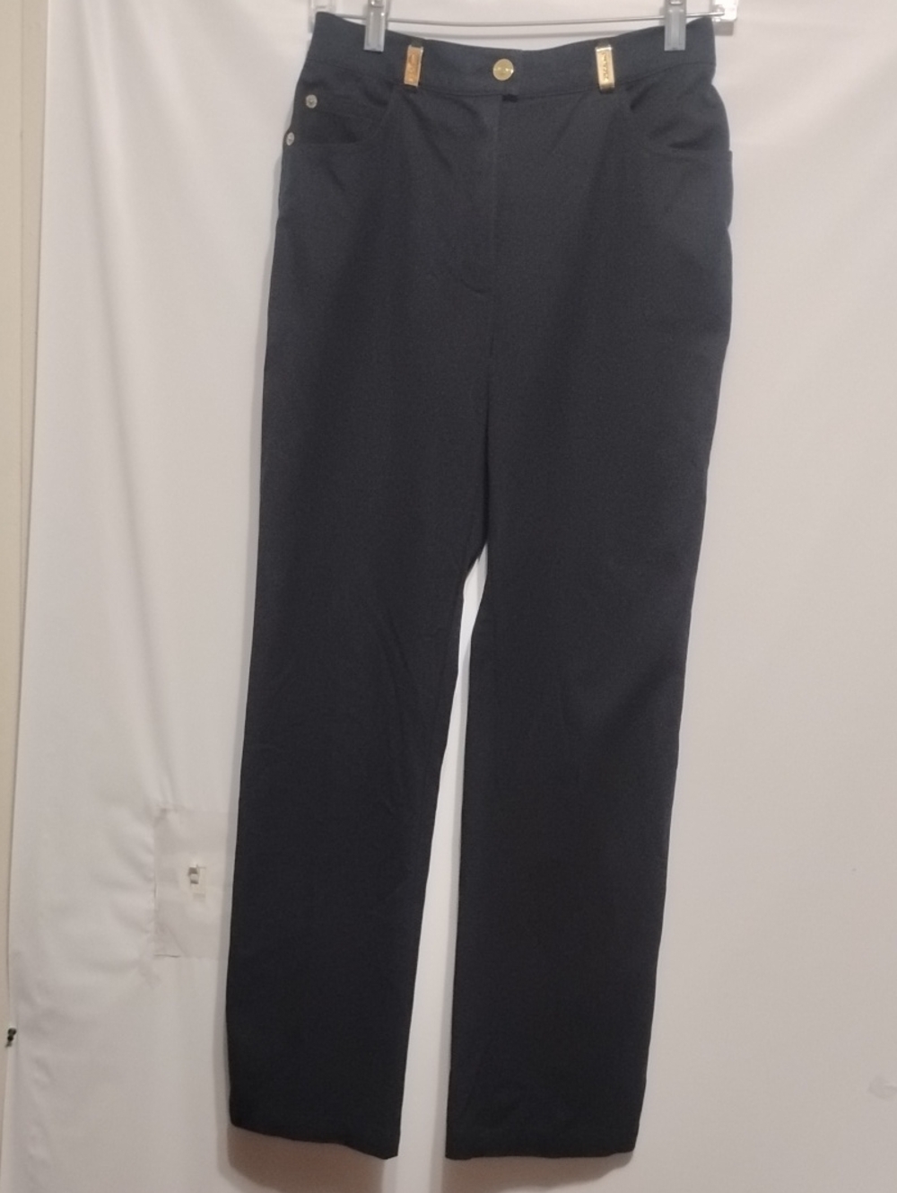 St. John Sport by Marie Gray Black Straight-Leg Pants with Gold Accents